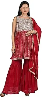 [Que Papa] Red and Gold Sharara Set Free Size/Red/Georgette, Red, Free Size