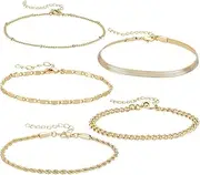 [AHANDMAKER] 5Pcs 14K Gold Plated Anklet Bracelets Layered Multi-strand Ankle Bracelet for Women Adjustable Size Cuban Link Chain Set Fashion Jewelry Summer Beach Foot Gift, 18.4cm, no gemstone
