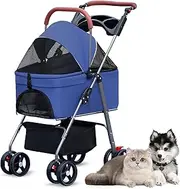 Foldable Pet Stroller with Cup Holder, Pet Folding Stroller with Detachable Carrier Storage Basket, 4 Wheels Dog/Cat Puppy Stroller, Removable Travel Carrier for Small/Medium Pet Blue