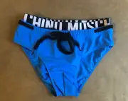 MOSCHINO BLUE EXPOSED STRING & BLACK SIGNATURE ELASTIC SWIMSUIT SWIM BRIEF XS