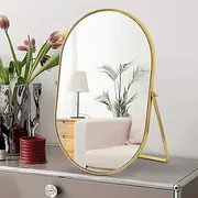 NUMJTT Vanity Desk Table Mirror Oval Makeup Mirror 90°Adjustable Rotation Golden Metal Framed Standing Mirrors Room Decor for Living Room,Bedroom,Tabletop,Bathroom
