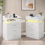 [HAUOMS] White Nightstand Set of 2,LED Night Stand with Charging Station & Pull-Out Tray,Bedside Table with Drawers,Modern End Table Side Table Storage Cabniet