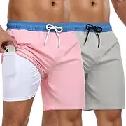 [ATOFY] Mens Swim Trunks with Compression Liner 7 Inch 2 Pack Swim Shorts 2 in 1 Quick Dry Board Shorts Beach Wear, Pink Blue+grey Blue, Large
