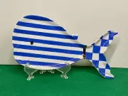 Mackenzie Childs Checkered & Striped Big Blue Whale Plate / Tray 10 Inches Wide