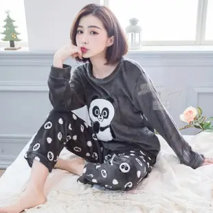 【Kilei】女生睡衣 冬季 保暖水貂絨 睡衣套裝 熊貓圖案英字水貂絨長袖二件式睡衣組XA4249(俏皮灰)全尺碼