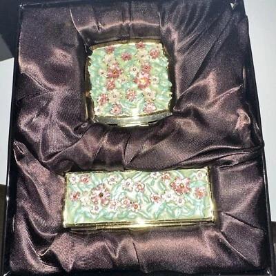 Argento SC Compact Mirror, Lipstick Case Gold Green Amaryllis Box Set