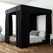 Black Canopy Bed Drapes - King Bed Curtains Lightproof, Adults & Girls Room D...