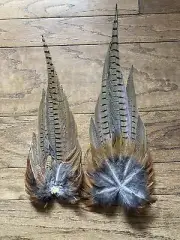 2 Wild Rooster Ringneck Pheasant Tail Feather Clumps Fly Tying Art On A Feather