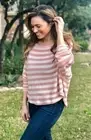 Waffle Striped Pullover Top - Mauve/Blue