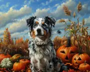 Australian Shepherd with Pumpkin in Halloween Patch 8x10 Matte Print