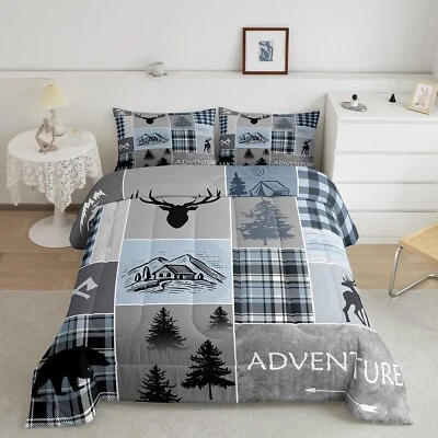 Cabin Comforter Set Bear Deer Rustic Lodge Bedding Set King Size For Kids Tee...