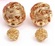 1 Pair Women's Double Sided Two Ball Stud Pearl Earrings - Gold