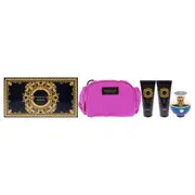 Versace Dylan Blue for Women 4 Pc Gift Set 3.4oz EDP Spray, 3.4oz Sublime Body Lotion, 3.4oz Sublime Bath and Shower Gel, Makeup Case