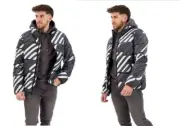 Superdry Men’s Sports Puffer Jacket in White and Black Stripe Pattern Size M