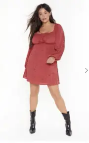 NWT nasty gal womens polka dot square neck balloon sleeve moroon mini dress 6