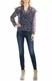 Vince Camuto (MY9-53*) Tie Front Sheer Peasant Blouse Top Navy Sz S $89
