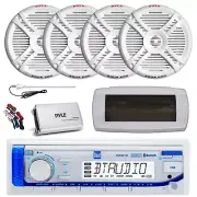 Dual Bluetooth Marine Radio,Cover, Antenna,Amp w/Kit, 4x 7.7" 280W White Speaker