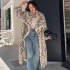 Women Lapel Collar Faux Fur Leopard Print Mid Long Coat Overcoat Outwear Plus sz