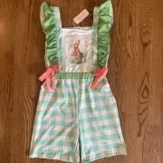 Marie Nicole Boutique Green Plaid Ruffle Rabbit Jumpsuit Girls Size 5XL