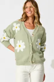 Allona Knit Cardigan Full Length Sleeve in Green Sage With White Flowers Wool Blend S/M