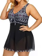 [Holipick] Women Plus Size One Piece Swimsuit Tummy Control Swimdress Mesh Bathing Suit V Neck Flowy Swim Dress