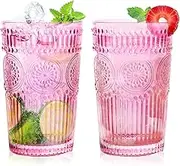 Luminthra Vintage Ribbed Drinking Glasses, Set of 2 - Amber Highball Glasses for Water, Cocktails, and Coffee (Style 2)
