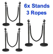 6 BLACK Queue Barriers Stand 3 Twisted Ropes Crowd Control Bollard Stanchion