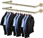 AddGrace 2 Pack Industrial Pipe Clothes Rack Gold Wall Mounted Clothing Rack for Hanging Clothes 34.5 Inch Multi-Purpose Garment Bar for Wardrobe and Laundry Room