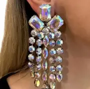 New Aurora Borealis Rhinestone Tassel Drop Statement Earrings.
