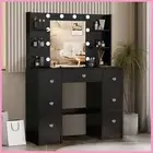 Black Dressing Table with 7 Drawers & 6 Shelves & LED Makeup Desk Vanity Dresser