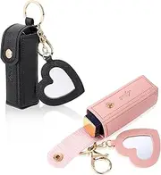 2 PCS Chapstick Holder Key Chain Lip Balm Holder Keychain Soft Leather Portable Chapstick Holder Lipstick Holder with Metal Key Ring for Travel Holiday Gifts Carry Lipstick(Black and Pink), Pink Black