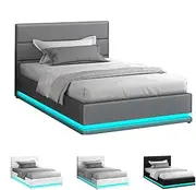 ALFORDSON Bed Frame Single Size with LED Light & Gas Lift Storage Base, Bed Platform Foundation with Linen Fabric Tufted Headboard for Mattress Topper, Max 200kg, Bertold Fabric Grey