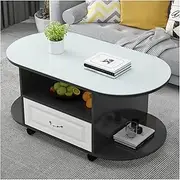 Coffee Table Oval Coffee Table with Wheels,3-Tiers Coffee Table with Storage Shelf and Drawer, Modern Coffee Table with Wheels for Living Room Modern Design Home Furniture, 31.5x15.7x17.7'' Side Tabl