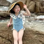 【1-8歲】洋氣可愛女寶寶公主泳衣藍色女童夏季V領速乾連身泳裝 JT405