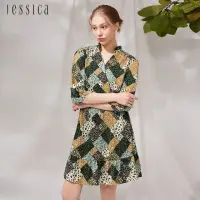 在飛比找momo購物網優惠-【JESSICA】浪漫優雅格紋拼色收腰V領七分袖雪紡洋裝23