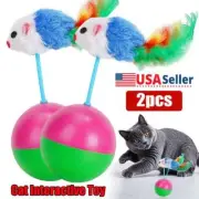 2pcs Pet Furry Tumbler Mouse Toy - Interactive Plush & Feather Wand for Cats new