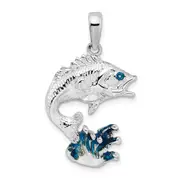 Sterling Silver De-Ani Rhodium-Plated Enameled Jumping Bass Fish Pendant