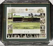 SHANE WARNE GLENN McGRATH JUSTIN LANGER Signed Print FIRST WICKET StumpPiece COA