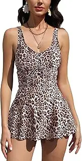 [SERENYOU] Women V Neck Swimdress with Shorts Two Piece Padded Swimsuit Flowy Tankini Sets Tummy Control Swimwear, Leopard, XL