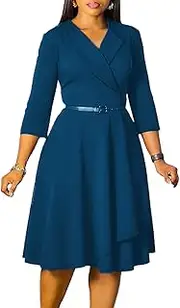 [Elainone] Women 3/4 Sleeve Casual Swing Flared A Line Dress Wedding Guest Semi Formal Office Work Dresses with Belt, Peacock Blue, Small