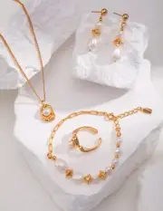 Sterling Silver Baroque Pearl Necklace+Bracelet+Earrings+Ring 4 Kinds/Set