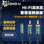 【BRAVO-U】HI-FI高保真 3.5MM母轉蓮花頭公 雙聲道轉接線 50CM(雙聲道 高保真音質 告別電流聲)