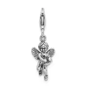 Sterling Silver Amore La Vita Rhodium-Plated Polished 3-D Antiqued Angel With Harp Charm Fancy Lobster Clasp