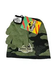Jurassic Park Boy's Camouflage Beanie Cap & Gloves Set Dinosaurs New