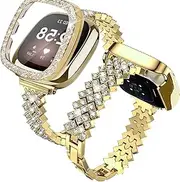 Bling Watch Band Compatible with Fitbit Versa 3/ Fitbit Sense for Women, Adjustable Crystal Alloy Strap Rhinestone Stainless Steel Metal Wristband Replacement for Fitbit Sense/Versa 3