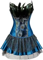 [FAWENLI] Fashion Women'S Corset Tops Blue Corsets Bustiers Peacock Embroidery Princess Costumes Burlesque Overbust Cors
