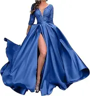 LMSXCT Sexy V Neck Long Sleeve Party Dress Women Satin Sequin Patchwork Formal Maxi Dress Elegant High Slit Evening Prom Gown