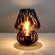 AOMOONOA - Mushroom Glass Lamp, LED Bulb Desk Lamp, Cordless Small Coffee Lamp Battery Operated for Kitchen Counter Bedroom Bedside Living Room