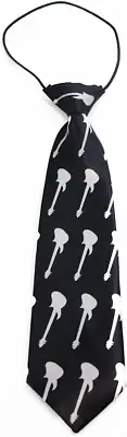 Kids Boys Black & White Patterned Elastic Neck Tie - Guitar Black and White