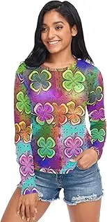 [RPLIFE] Colorful Shamrock Clover Leaves Mesh Sleeve Tops for Women, Sheer Long Sleeve Top S-XXL